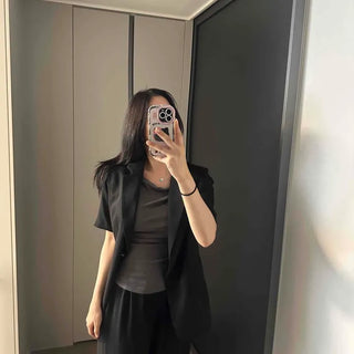 Button Flap Pocket Single Button Oversized Plain Short Sleeve Jacket
