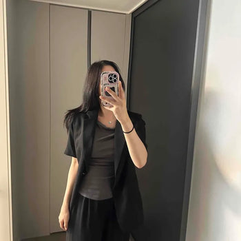 Button Flap Pocket Single Button Oversized Plain Short Sleeve Jacket