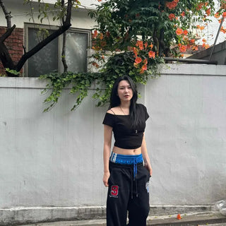 String Contrast Lettering Numbering Wide Long Pants