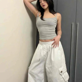 Oversized Wide Eyelet Cargo Pocket String Shirred Shorts
