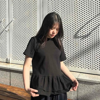 Frill Shirred Plain Loose Fit Short Sleeve T-shirt