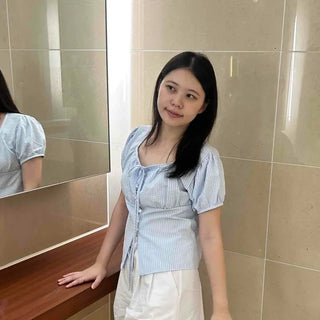 Ribbon Shirred Button Stripe Button-Down Short Sleeve Blouse