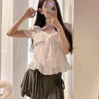 Shirred Frill Ribbon Wrap Loose Fit Short Sleeve Blouse