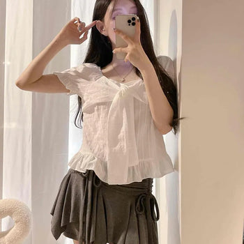 Shirred Frill Ribbon Wrap Loose Fit Short Sleeve Blouse