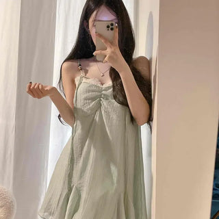 Ribbon Shirred String Strap Loose Fit Sleeveless Mini Dress