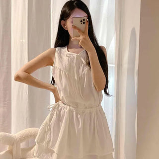 Pintuck Button Frill Loose Fit Tiered Sleeveless Mini Dress