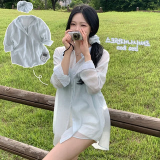 Delicate fit that evokes protective instincts, see-through must-have item Loose-fit long-sleeve shirt + Lace V-neck ribbed slim-fit sleeveless top + Hair scrunchie Scrunchie Coordi Set