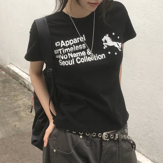 Pony Star Lettering Round Neck Slim Fit Short Sleeve T-shirt