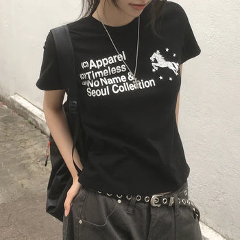 Pony Star Lettering Round Neck Slim Fit Short Sleeve T-shirt