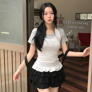 Dot Frill Halter Slim Fit Sleeveless Sleeveless Top + U-Neck Plain Short Sleeve T-shirt Layering Set