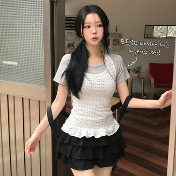 Dot Frill Halter Slim Fit Sleeveless Sleeveless Top + U-Neck Plain Short Sleeve T-shirt Layering Set