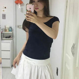 Shirred Ribbon Zipper Flare Daily Mini Skirt