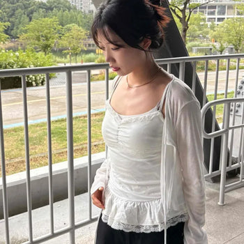 Frill Shirring Strap Ribbon Layered Two-Piece Set