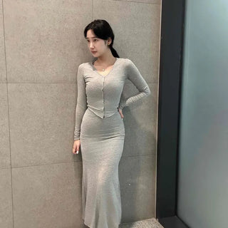 Button H-Line Slim Fit Plain Long Sleeve Straight Two-Piece Set