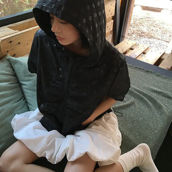 Alexa Nylon Dot Shirred Hooded Short Sleeve Windbreaker
