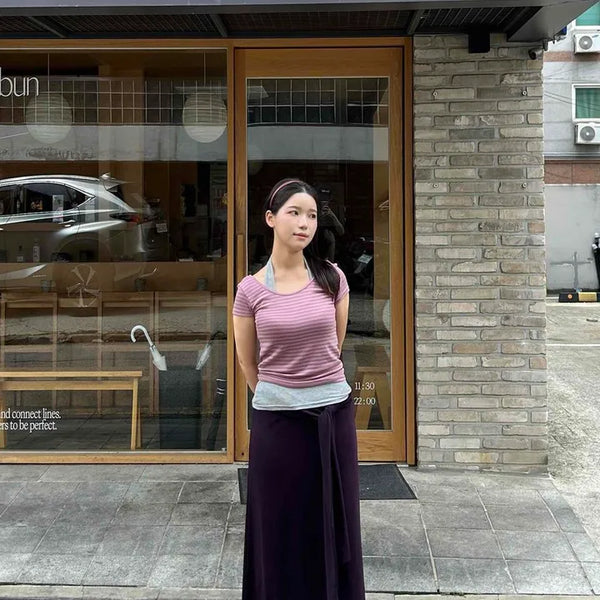 Loose-fit Ribbon Flare A-line Daily Long Skirt