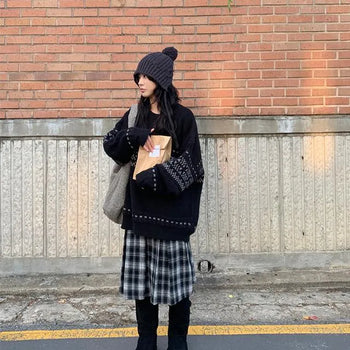 Revils Wool Check Pleated Midi Skirt