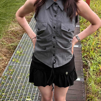 Backless Ribbon Stripe Flap Pocket Sleeveless Shirt