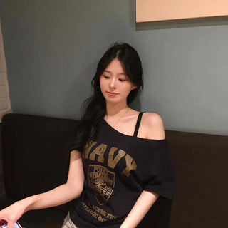Police Lettering One-Shoulder Short-Sleeve T-Shirt
