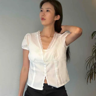 Shirred Button Plain Button-Down Short Sleeve Blouse