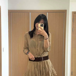 Shirred Frill Ribbon Button-Down A-Line Mini Dress