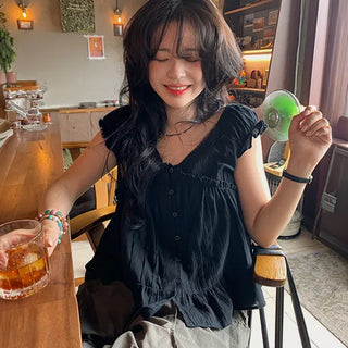 Navier Lace Frill Blouse Off-shoulder Puff Sleeveless Blouse Tummy Cover Summer