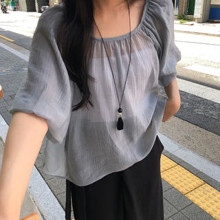 Birming Wrinkle Shirred Loose Fit Puff Blouse