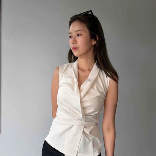 Roya Ribbon Plain Wrap Sleeveless Daily Blouse