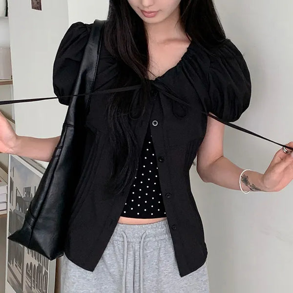 ◈Cinched Fit◈Puff Blouse Slim Fit Shirt Pintuck Shirring Wedding Guest Look Short Sleeve Shirt Balletcore Summer Top