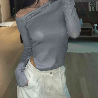 Studded String Off-Shoulder Slim Fit Daily Long-Sleeve T-Shirt