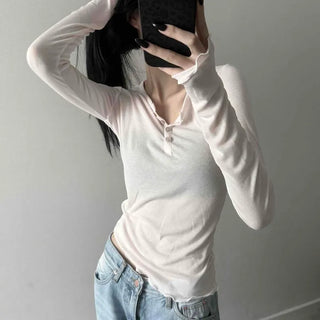 Frill Button Slim Fit Plain Daily Long Sleeve T-shirt