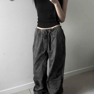 Cargo Pocket Drawstring Washed Loose Fit Wide Long Pants