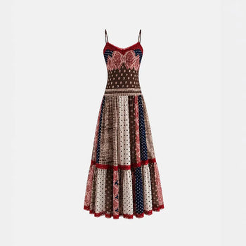 Ethnic patchwork lace chiffon maxi dress