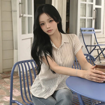 Slimming Delicate Fit, Striped See-through Waist-Cinched Back Ribbon Roll-up Short Sleeve Shirt Blouse