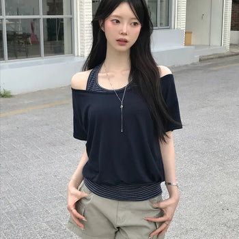 Cinched Waist~ Arm Fat Disappearance! Striped Halter Layered One-piece Boat Neck Off-Shoulder Delicate Avant-Grip Short Sleeve T-shirt