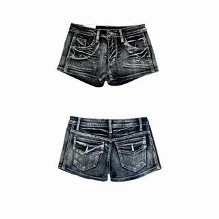 *Summer Shorts* Back Pocket Y2K Denim Shorts - Back Pocket Y2K Washed Denim Shorts Stitch Low-Rise