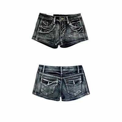*Summer Shorts* Back Pocket Y2K Denim Shorts - Back Pocket Y2K Washed Denim Shorts Stitch Low-Rise