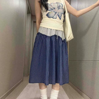 Contrast Check Shirred A-Line Loose Fit Midi Skirt