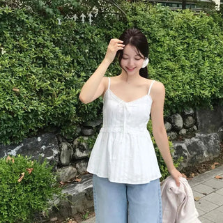 Relaxed Fit Shirred Ribbon Strap Sleeveless Blouse