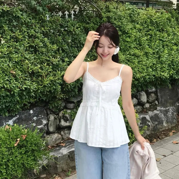 Relaxed Fit Shirred Ribbon Strap Sleeveless Blouse