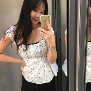 Frill Shirring Ribbon Dot Daily Blouse