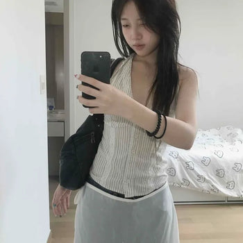 Shirred Button Halter Stripe Sleeveless