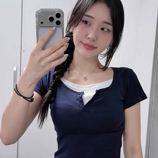 Color Block Button Plain Henley Neck Slim Fit Short Sleeve T-shirt