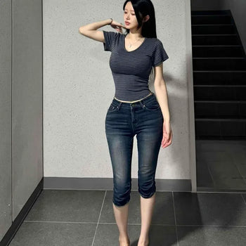 Washed Button Zipper Skinny Slim Fit Daily Shorts