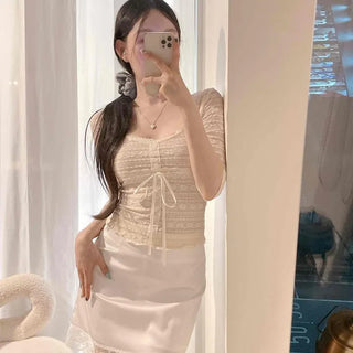 Ribbon Button Fitted Flower Short Sleeve T-shirt