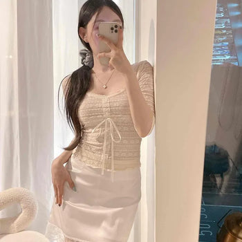 Ribbon Button Fitted Flower Short Sleeve T-shirt