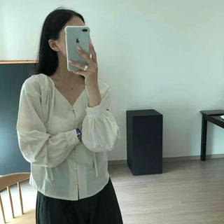 Loose-fit Plain Button Shirred Long-sleeve Blouse