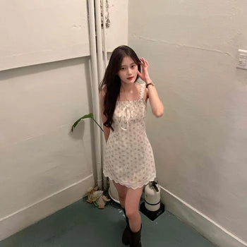 Frill Shirred Ribbon Flower Sleeveless A-line Mini Dress