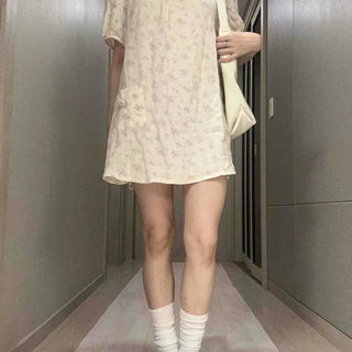 Shirred Flower A-line Short Sleeve Mini Dress