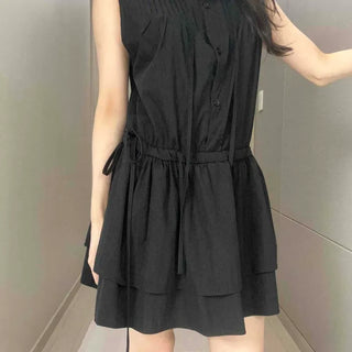 Plain Sleeveless A-Line Mini Dress with Pintuck Button String